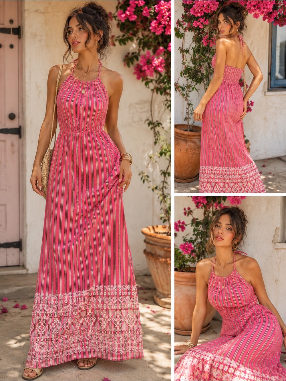 Boho Halter Maxi Dress Pink Tribal Stripe Smocked Back Size Small 100% Cotton